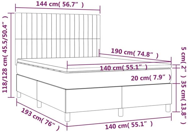 vidaXL Boxspringbett mit Matratze & LED Hellgrau 140x190 cm Stoff 3135029 Bild 8