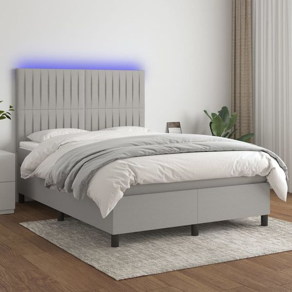 vidaXL Boxspringbett mit Matratze & LED Hellgrau 140x190 cm Stoff 3135029
