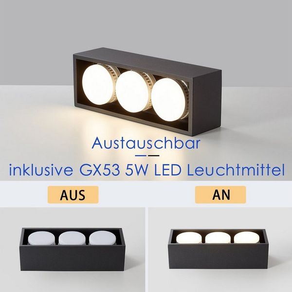 ZMH LED Deckenstrahler Deckenleuchte LED Deckenspots - Eckig mit 3/4 Flammig Schwenkbar, 3000k, 15W GX53 Aufbaustrahler für Küche Wohnzimmer, Weiß/Schwarz