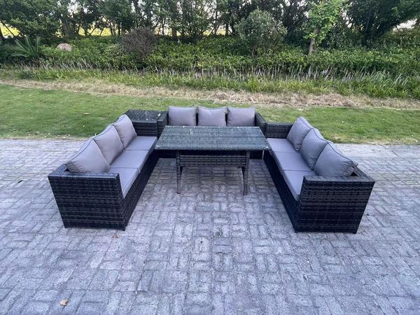 Fimous Outdoor Polyrattan Gartenmöbel Sofa Set Terrassen Rechteckiger Esstisch mit Beistelltisch 9 Sitzer Dunkelgrau gemischt