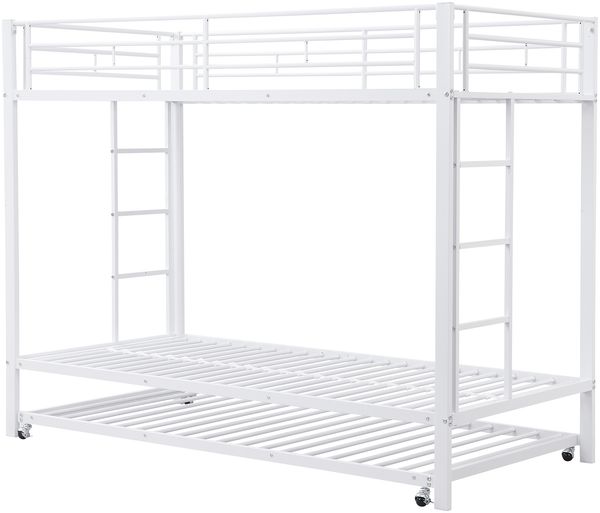 Etagenbett 90x200 cm mit ausziehbarem Rollbett, Metallrahmenbett mit hohem Sicherheitsgeländer, Kinderbett mit Doppelbettfunktion,Weiß Bild 10