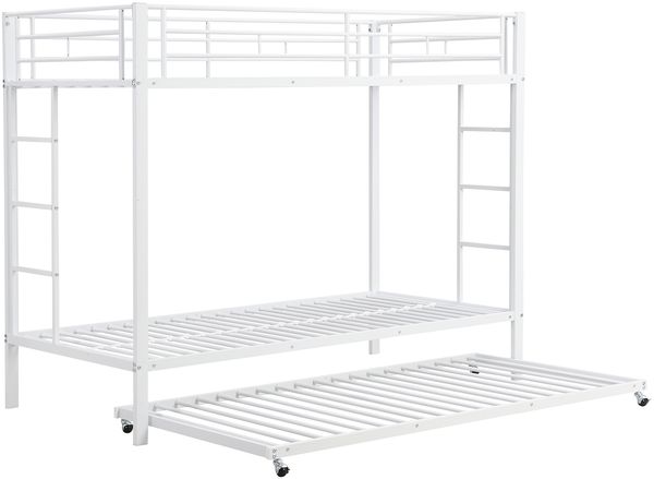 Etagenbett 90x200 cm mit ausziehbarem Rollbett, Metallrahmenbett mit hohem Sicherheitsgeländer, Kinderbett mit Doppelbettfunktion,Weiß Bild 7
