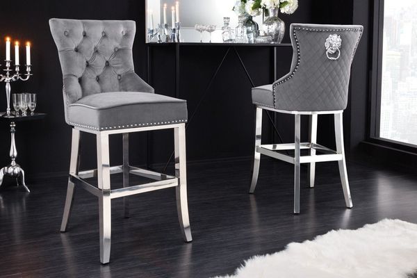 riess-ambiente Barhocker CASTLE DELUXE grau / silber (Einzelartikel, 1 St), Esszimmer · Samt · Edelstahl · mit Lehne · Tresenstuhl · Barock Design