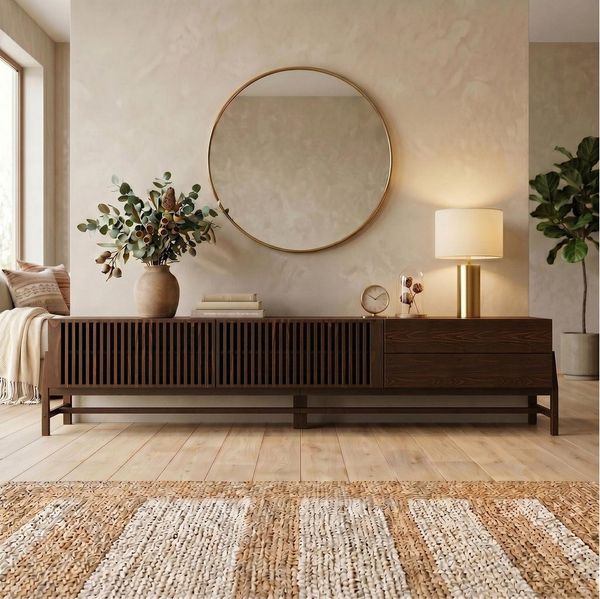 IDIMEX Lowboard ADAMO, 220cm mit Lamellentüren aus Massivholz für 90 Zoll TVs Nussbaum Finish