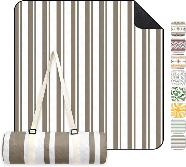 Sekey Picknickdecke Wasserdicht 200x200 cm Stranddecke Sandfrei geeignet für Picknick, Camping, Strand, Taupe - Streifen