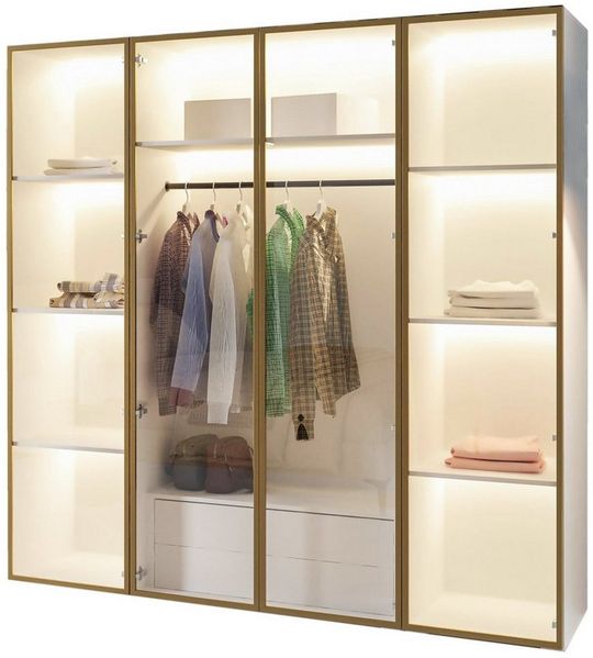 Compleo Drehtürenschrank mit LED-Beleuchtung,Glasfronten, Perfekt Garderobe mit 2 Schubladen