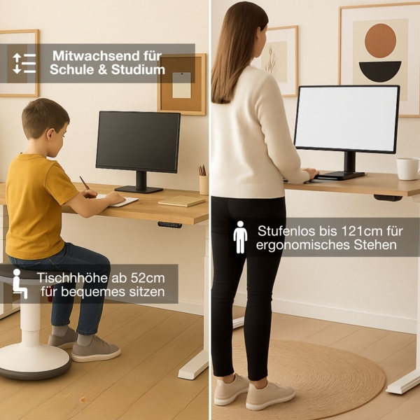 ASSMANN Elektrisch höhenverstellbarer Kinderschreibtisch JUNIOR 140x70cm Eiche Tabak Signalweiß Metall Holz Bild 3