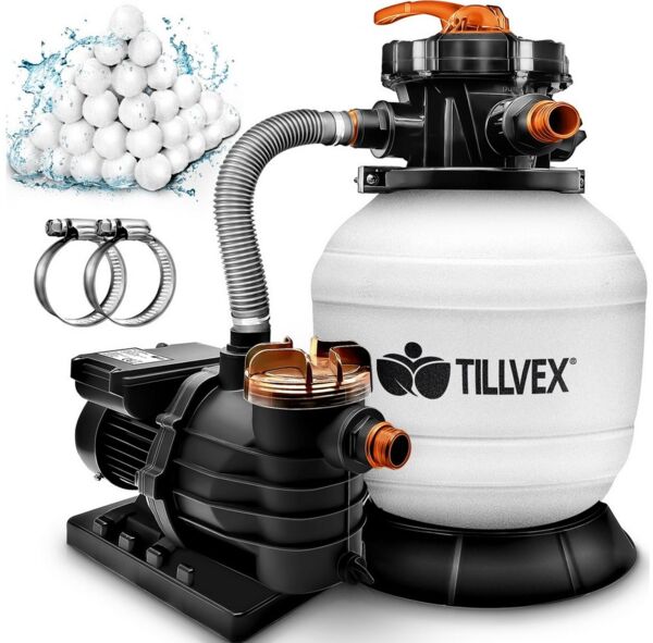 tillvex Sandfilteranlage 10 m³/h Filteranlage + 800g Filterbälle 7-Wege Ventil Poolfilter, Filterkessel mit Druckanzeige Sandfilter für Pool und Schwimmbecken