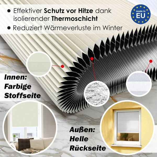 DomDeco Wabenplissee Thermo Plissee ohne Bohren - Hitzeschutz, Verdunkelung, verspannt, abdunkelnd, Klemmfix, stufenlos, kälteschutz, modernes Fensterplissee