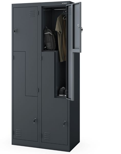 Umkleideschrank Spind JULIA - 4 Abteile mit Lüftungsschlitze | Umkleidespind Metall Schließfachschrank Garderobenspind, 185x80x45cm Anthrazit