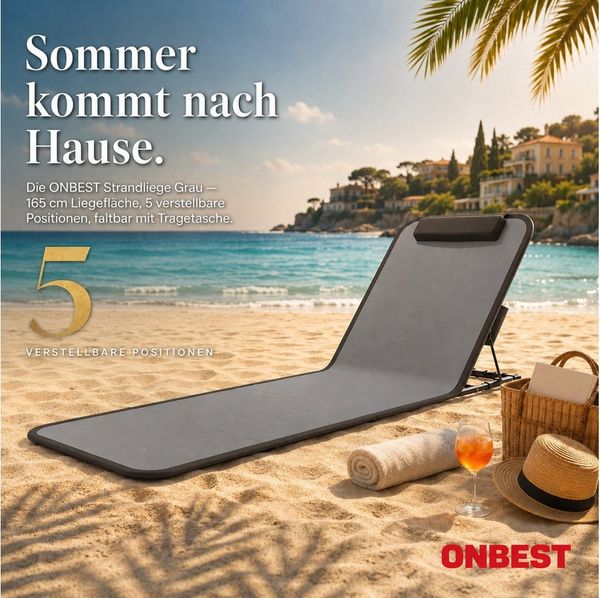 Onbest Campingliege Strandliege klappbar mit Nackenkissen Tragetasche, Stahlgestell, verstellbare Rückenlehne