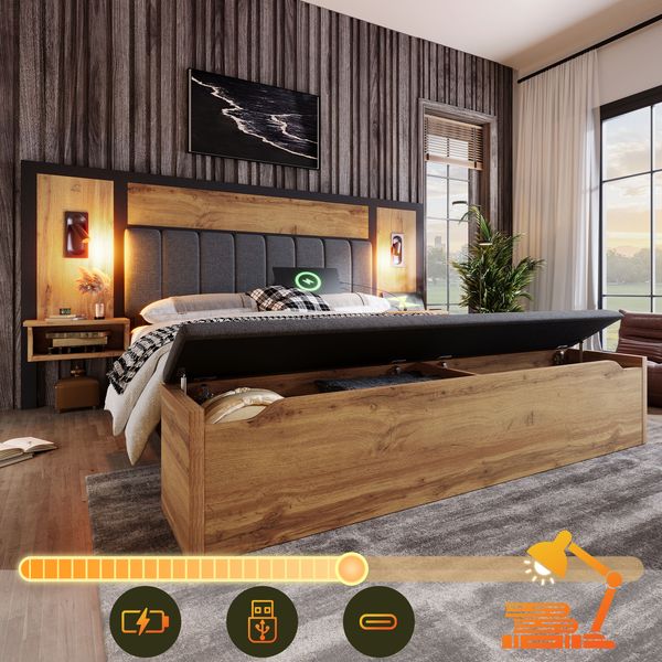 Novelux Doppelbett 160x200 Polsterbett mit Stauraum-Sitzbank & Nachttisch – Bettanlage Eiche inkl, USB-C, Leselampe & Lattenrost, Leinen-Optik