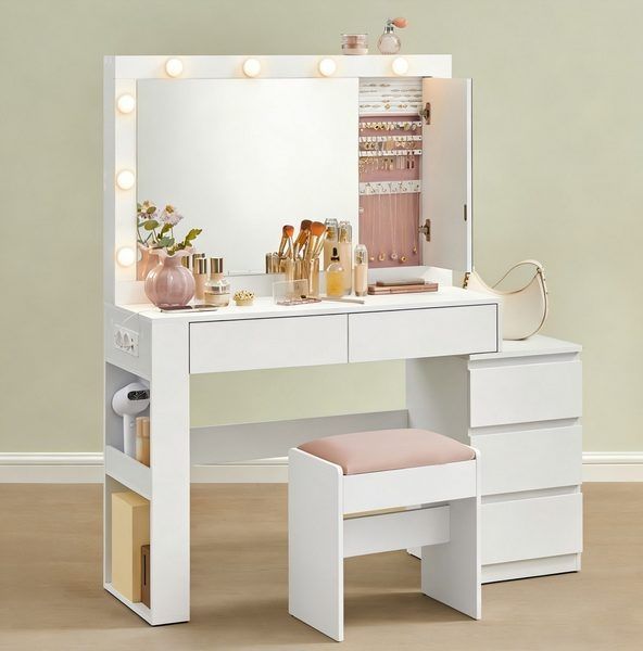 VASAGLE Schminktisch mit LED-Beleuchtung, Frisiertisch mit Spiegel, Schmuckschrank, Steckdosenleiste, 40 x 125 x 140 cm, Kosmetiktisch mit Schubladen, modern, wolkenweiß, mit Hocker