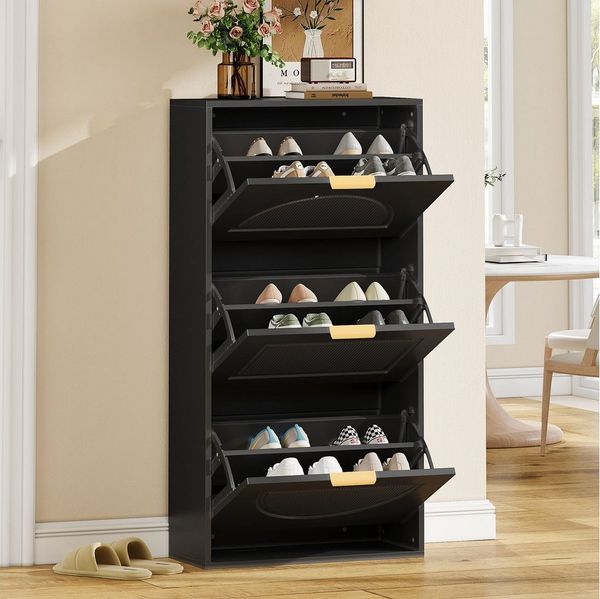 Merax Schuhschrank Schmal (1-St, B60×H114×T24cm) Schuhregal mit 3 Klappen,Schuhkommode Schuhschrank mit Flur/Wohnzimmer