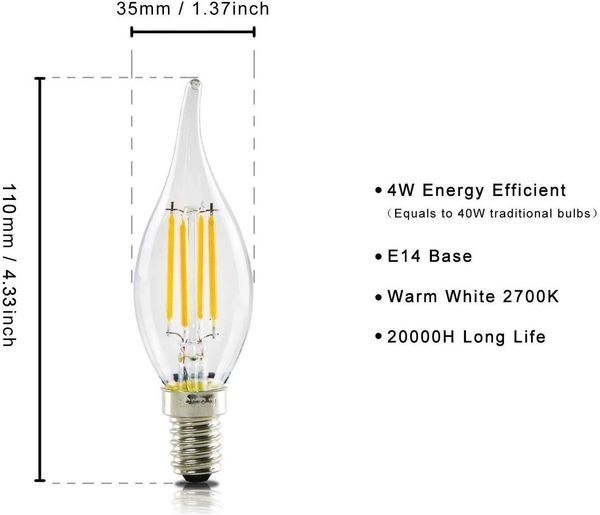 Nettlife LED-Leuchtmittel 6ER LED Glühbirne Vintage E14 Glühlampe 2700K LED Klar Kerzenlampe, E14, 6 St, Warmweiß, für Haus Café Bar Restaurant