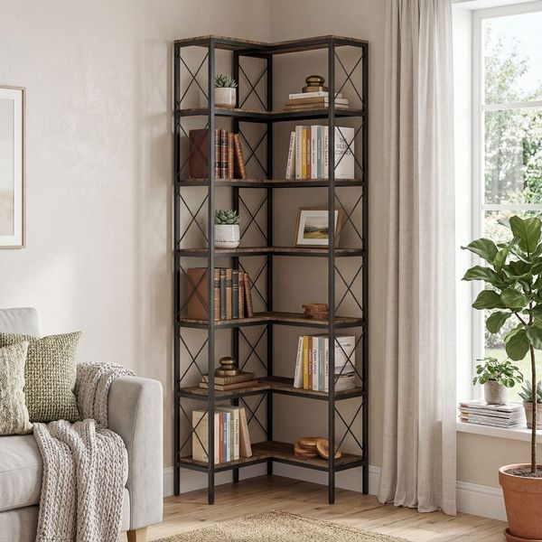HOMCOM Bücherregal Eckregal mit 6 Ebenen, Büroregal 1-tlg, 60 x 60 x 200 cm, Rustikal-Braun