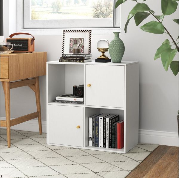 COSTWAY Bücherregal, 4 Fächer, Raumteiler Holzregal mit Kippschutz & 2 Türen