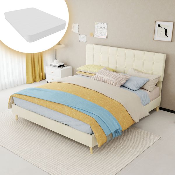 Modern beige fabric bed with light luxury plaid soft bag headboard, small-sized master bedroom, second bedroom, double bed, mattress size: 160*200cm, beige,Please note that the mattress is included