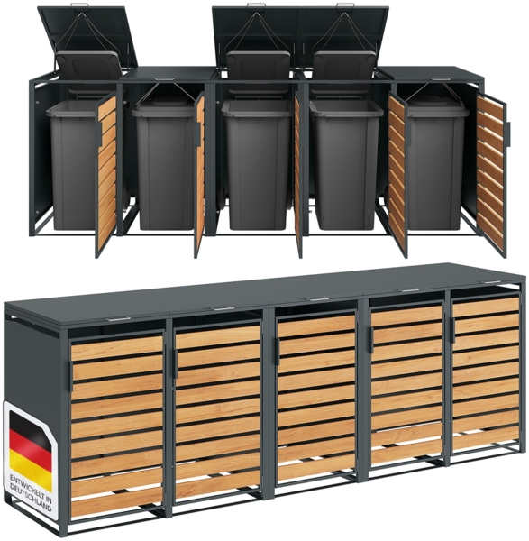 STEELSØN 'Kestra' Mülltonnenbox für 5 Tonnen je 240 Liter, anthrazit mit Holzoptik, Mülltonnenverkleidung aus Stahl, wetterfest, 116x80x337 cm