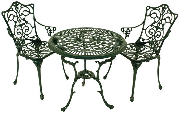 DEGAMO Garten-Essgruppe Jugendstil, (3-tlg), (2x Sessel, 1x Tisch 70cm rund), Aluguss rostfrei, Farbe dunkelgrün