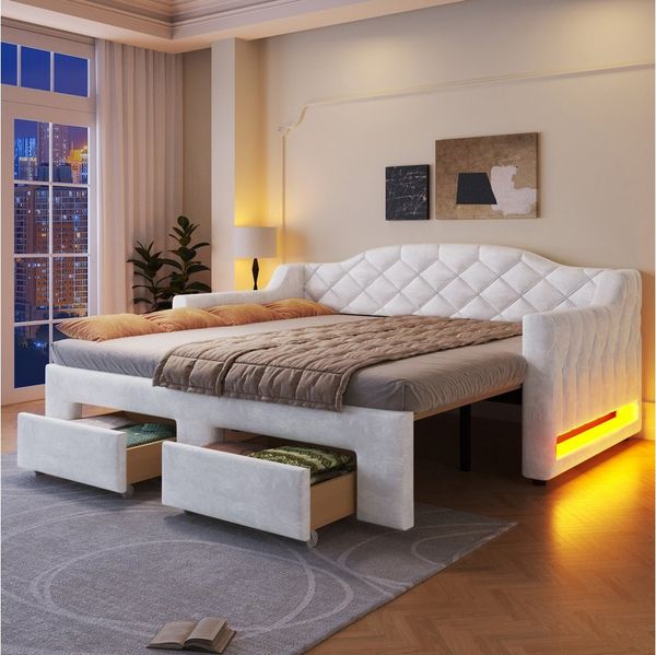 Odikalo Schlafsofa Schlafcouch mit Ausziehbett & LED, Polster-Tagesbett, Ausziehfunktion flach oder aufgestellt