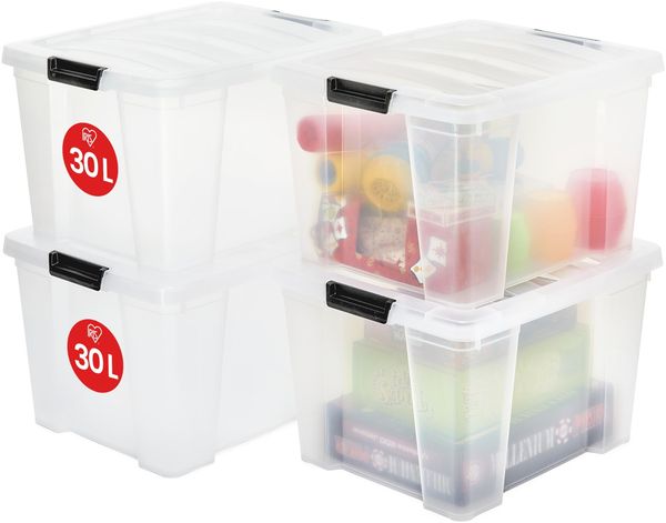 Iris Ohyama, Aufbewahrungsbox aus Kunststoff, 4er-Set, 30L - HB-30 - Transparent, L43 x T35 x H25.5 cm