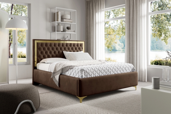 MEBLINI Polsterbett 120x200 mit Lattenrost und Matratze – ARONA GOLD – Braun Samt – Doppelbett mit Bettkasten - Stauraumbett - Kopfteil Bett mit Stauraum