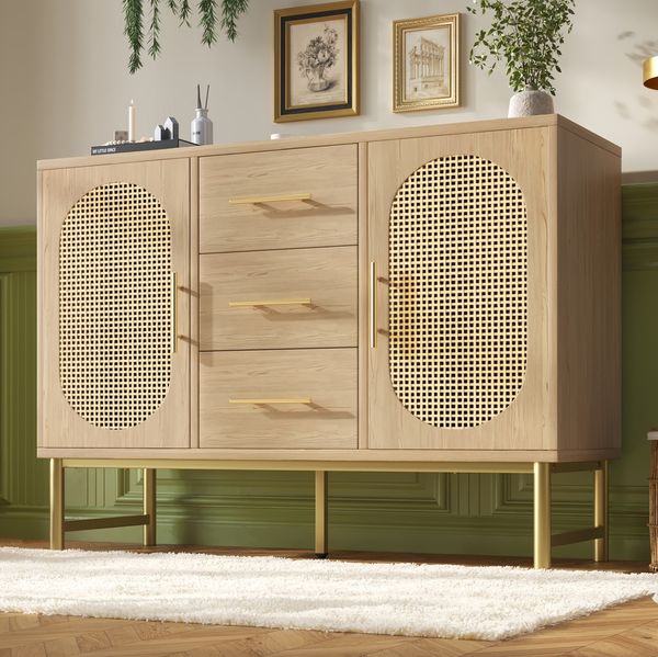 Kommode 120 x 40 x 74 cm mit 2 Türen, 3 Schubladen und Rattanoptik – Sonoma Eiche