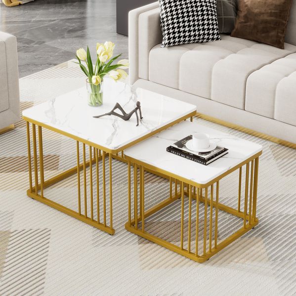 2er Set Couchtische 60 x 60 x 45 cm und 45 x 45 x 40 cm – Hochglanz-Marmoroptik mit goldenen Beinen