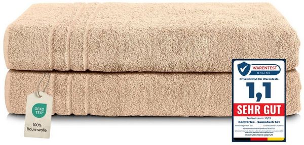 Komfortec 2er Saunatuch Set 80x200 cm aus 100% Baumwolle, XXL-Saunatücher, Sauna Handtuch, Weich, Groß, Frottee, Schnelltrocknend, Sand/Beige