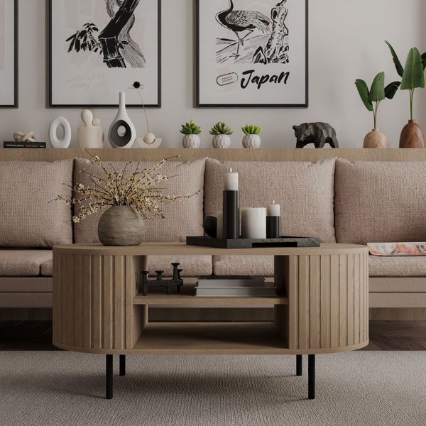 Ovalio Couchtisch Typ 200 Tisch Bestelltisch 100 cm Wohnzimmer Esszimmer Modern Farbwahl Sandbeige, Cremona-Eiche und Dunin-Eiche
