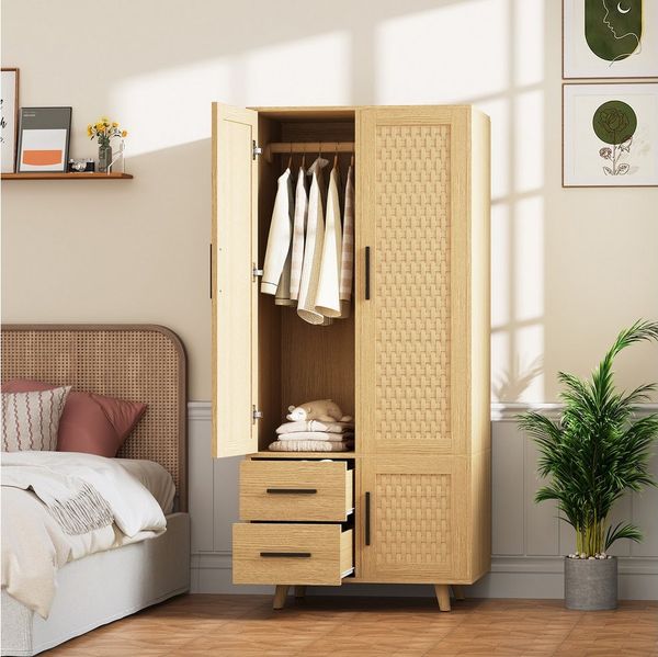 FUROKOY Kleiderschrank Vintage-Rattan-Stil 2-türiger Schrank mit Stange (Kleiderschrank mit 2 Schubladen und Schrank mit Einzeltür) für Schlafzimmer Wohnzimmer, Natur, 80 x 52 x 176 cm