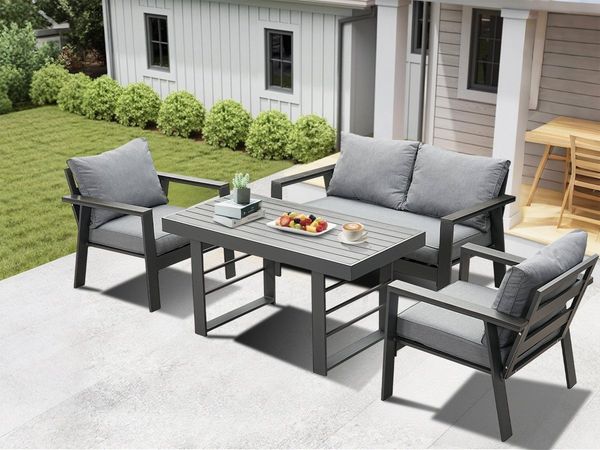 MeXo Gartenlounge-Set Aluminium Balkonmöbel Set mit Esstisch 4 Personen Wetterfest, (einteiliges 10cm Premium-Sitzkissen, 4-tlg, Esstisch 130x66x66cm), Garten-Essgruppe outdoor mit Bequemer Neigung der Lehne