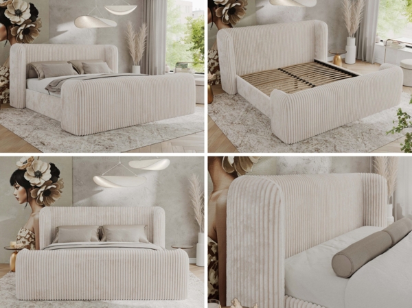 Polsterbett mit Lattenrost, Doppelbett für Schlafzimmer, Gepolstertes Kopfteil, Pocket matratze Härtegrad H3/H4 - EMORA CLASSIC DUO - 140 x 200 cm - Beige Cord - VIRE-LUX Bild 2