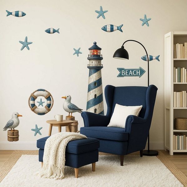 Sunnywall Wandtattoo Aufkleber Maritim Set – Leuchtturm, Möwen, Anker & Seesterne, selbstklebend, konturgeschnitten, rückstandslos entfernbar