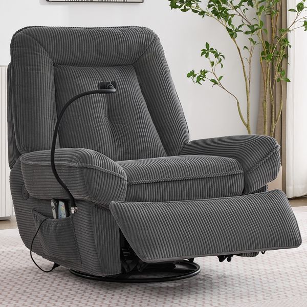 Merax Massagesessel, Elektrisch verstellbarer TV-Sessel, mit Massage- und Heizfunktion, 360° drehbarer Sessel, Wohnzimmer-Schaukelstuhl, USB-Anschluss mit Handyhalterung, grau