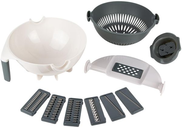 COOK CONCEPT - KU6566 Multifunktions-Gemüseschneider 8 in 1 mit integriertem Sieb, 7 austauschbare Klingen, Salatschüssel 1,5 l, praktisch und kompakt, 22x15 cm, Kunststoff