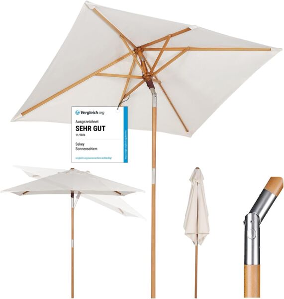 Sekey Sonnenschirm, UV Schutz 50+, Polyester / Holz creme, 200 x 150 x 235 cm