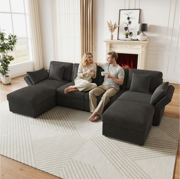 Merax Ecksofa U-förmiges 6-Sitzer Sofa aus Cordstoff, 1 Teile, Modulares Sofa mit verstellbaren Armlehnen, Hockern und 6 Zierkissen
