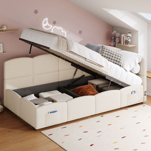 Polsterbett 90x200 cm ohne Matratze, mit hydraulischem Bettkasten, USB-A/USB-C und Bouclé-Bezug in Beige