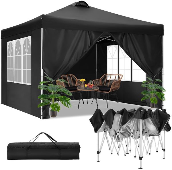 COBIZI Pavillon 3x3 m Wasserdicht Stabil Winterfest Faltpavillon Partyzelt Gartenpavillon mit Entlüftung, 4 Seitenteilen, 4 Sandsack, Höhenverstellbar, Pop up Faltbar Gartenzelt, Schwarz