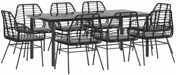 vidaXL 9-tlg. Garten-Essgruppe mit Kissen Schwarz Poly Rattan Glas 3334554