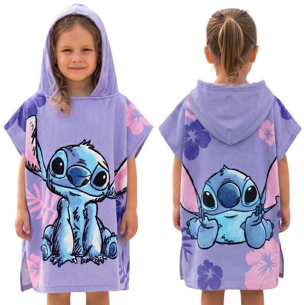Disney Badetücher Disney Stitch Kinder-Badeponcho mit Kapuze, Strandponcho aus Baumwolle