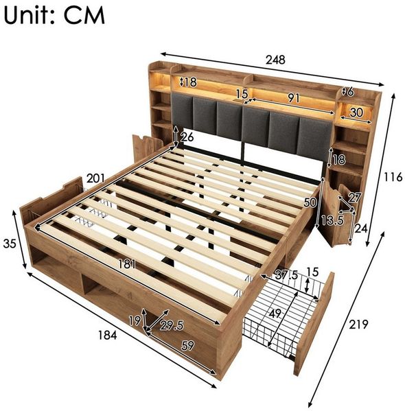 BlingBin Holzbett Systembett in Eicheoptik mit LED-Polsterkopfteil (1-tlg, Struraumbett mit USB/USB‑C Ladefunktion, 2 rollbare Nachttische), Holzlattenrost – 180x200, Stauraum & Rollschubladen(ohne Matratze)