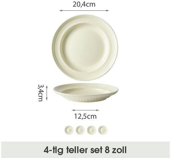 JIWOO Speiseteller 4er Ø20,4cm, Frühstücksteller Pastateller Teller Brotteller Plate, (4 St), Plate Hochwertiges Tellerset Weiß Mikrowellenofen Spülmaschine