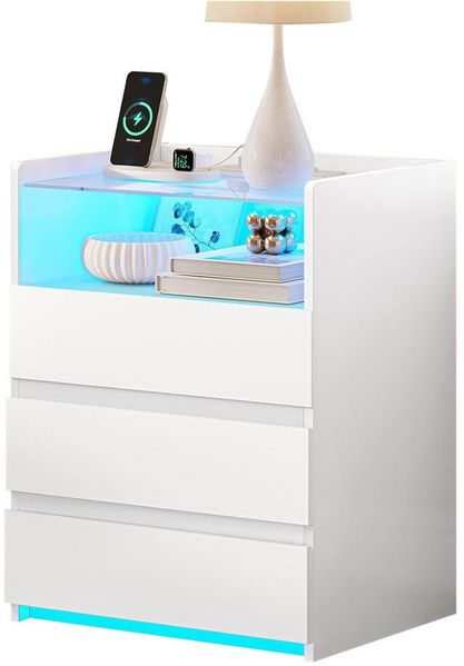 MSMASK Nachttisch mit LED-Beleuchtung und Steckdosen, 3 Schubladen, 45x35x61cm (1-St), Nachtschrank mit Sichtbarer Glastischplatte