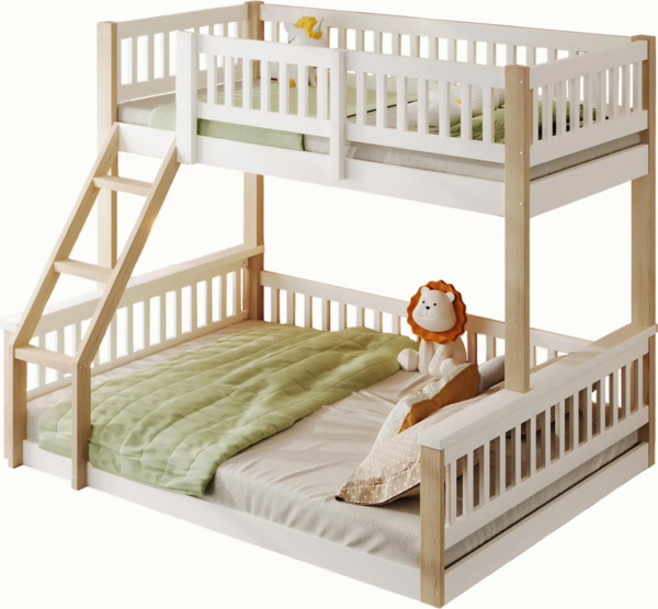 Etagenbett mit 2 Liegeflächen und Leiter, 90x200cm/140x200cm, Kinderbett mit Rausfallschutz, Jugendbett, Kiefer