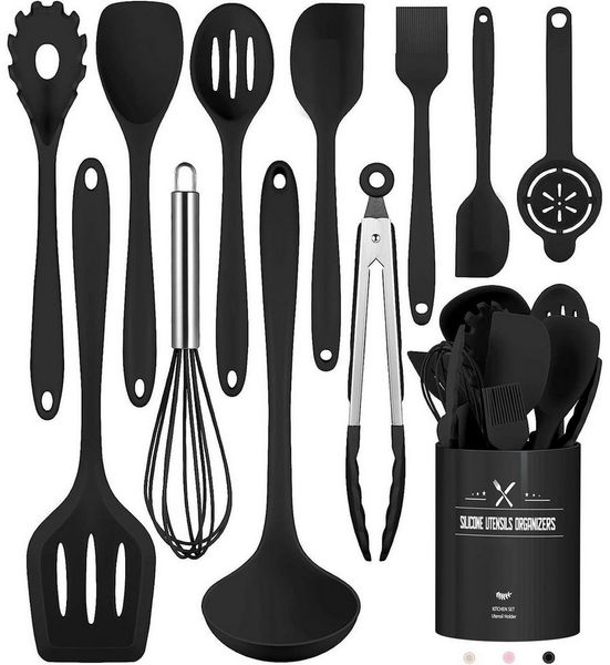 MODFU Kochbesteck-Set 12-teiliges Silikon Kochutensilien Kochbesteck Set (Silikonspatel Kochgeschirr Set mit Utensilienhalter, 12-tlg, Hitzebeständig, antihaftbeschichtet, BPA-freie Utensilien), Einteiliges Design und Leicht zu reinigen