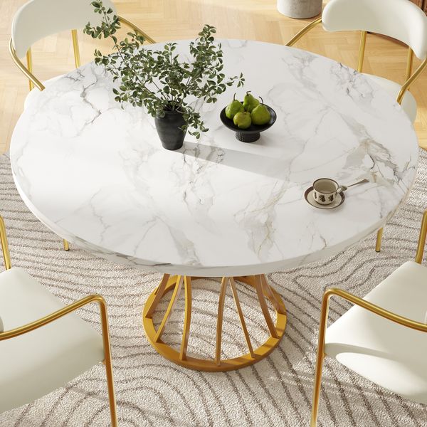 Esstisch B 80 x T 80 x H 76 cm, MDF mit Marmoroptik, goldfarbene Metallbeine,Weiß und Golden