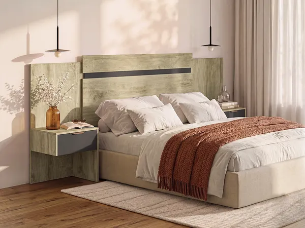 Vente-unique - PARATI Bettkopfteil und Bettbrücke Holz, Platte SchwarzBeige - B 39,5 cm x H 106 cm x L 252 cm232 cm
